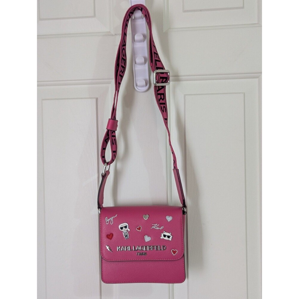 Karl Lagerfeld Paris Annette Crossbody Bag Pink Leather Metal Pins Choupette Cat
